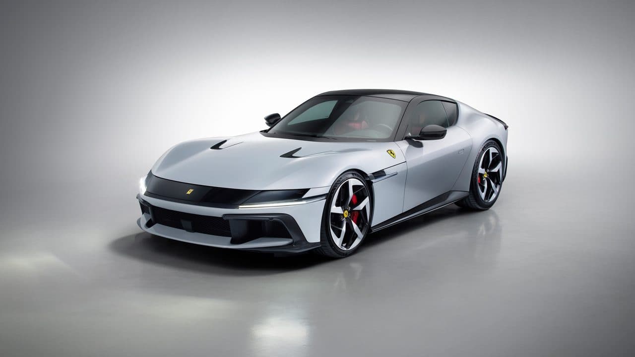 Ferrari 12Cilindri in silver, front three-quarter studio shot showing the sculpted front end.